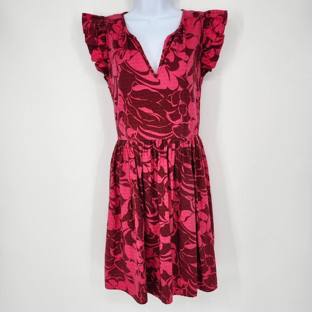 Evereve Pink Burgundy Floral Flutter Sleeve‎ Dress Womens Small Resort Tropical